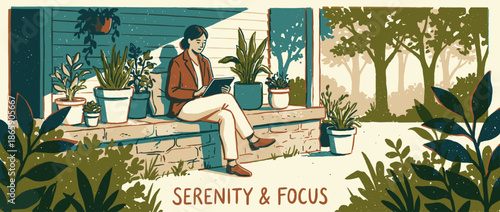 Serene young woman sitting on a brick stoop uses a tablet for work or leisure, surrounded by many houseplants in a tranquil, vintage-style graphic illustration
