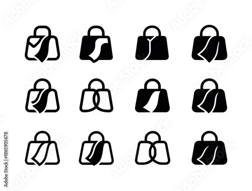 Accessory Logo Variations. accessory layout. Icon set. Set Logo of accessory layout: bag and scarf combo. harmonious logo variations of the same emblematic
