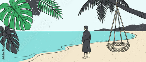 Man in a dark robe stands alone on a sandy tropical beach, looking at the calm turquoise ocean in a serene and contemplative hand-drawn minimalist illustration