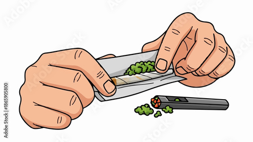 Hands rolling a cigarette with loose herbs and a rolling device