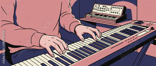 Musician's hands playing an electronic synthesizer keyboard in a retro comic book illustration style, creating a melody in a cozy studio with vintage sound equipment