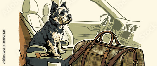 Small black and tan terrier dog sits patiently inside a vehicle on a booster seat next to a travel bag in a retro, hand-drawn comic book style illustration