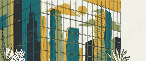 Modern glass skyscraper with a reflection of a sunny cityscape with clouds, depicted in a stylized, hand-drawn artistic illustration with a retro color palette