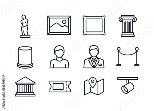 Art Museum Icons. Art museum. Line icon set of Art museum: statue, painting, frame, column, pedestal, visitor, guide, rope barrier, building facade, ticket,