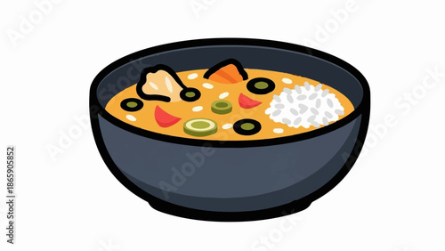 Hearty bowl of stew with rice, olives, peppers, and chunks of food