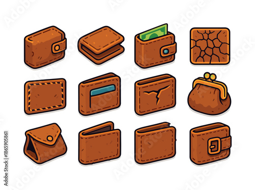 Vintage Wallet Icons. Old leather wallet. Colorful isometric vector icons set of old leather wallet: worn wallet, folded wallet, open wallet, cracked leather
