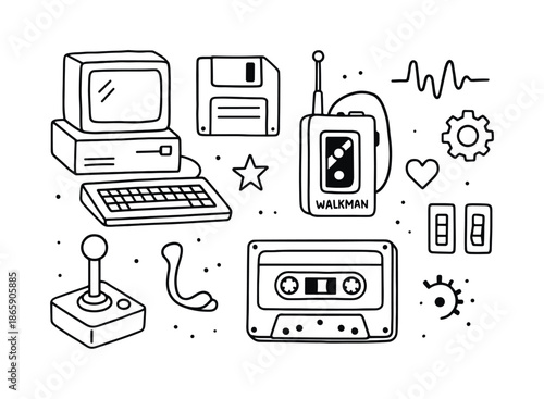Retro Tech Doodles. Retro tech. Hand-drawn doodle illustration retro tech old computer, floppy disk, walkman, cassette tape, joystick, antenna,