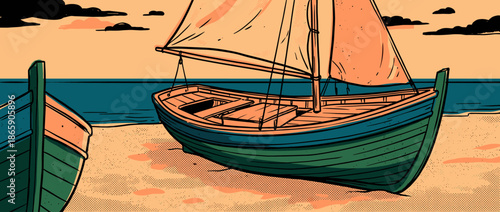 Wooden sailboat with a green hull and orange sail rests on a sandy beach in a retro comic book style illustration with a calm sea and warm sky at sunset
