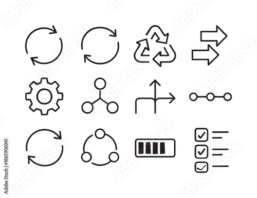 Iterative Icons Grid. Iteration. Line icon set of iteration: loop arrows, refresh icon, cycle symbol, step arrows, gear, nodes, branching path, timeline,
