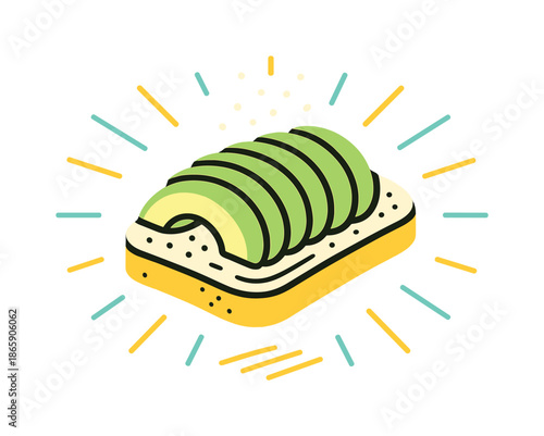 Floating Avocado Toast. Avocado toast. A crispy slice floats as creamy avocado fans out on top; tiny seasoning sparks hover above. Fresh vibes radiate outward.