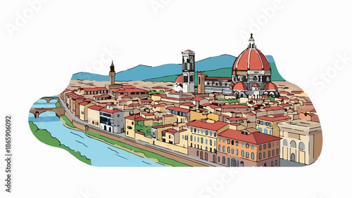 Stylized Italian city skyline with a river and iconic domed cathedral