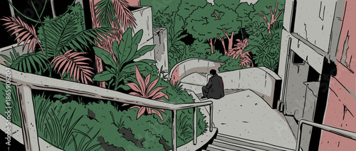 Graphic novel style illustration of a lonely man sitting on winding concrete stairs in a pensive mood, surrounded by overgrown tropical plants in a neglected urban park