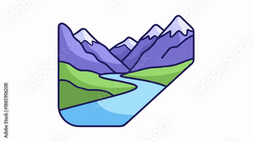Stylized mountain range with snow-capped peaks, green rolling hills, and a winding blue river