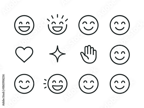Joyful Expression Icons. Joyful expression. Line icon set of joyful expression: wide smile, bright eyes, joy rays, laughing curve, happy cheeks, heart icon,