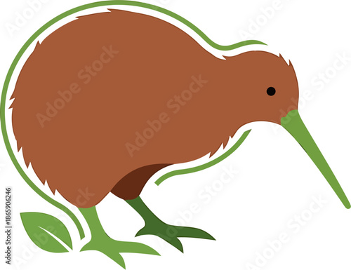 Brown kiwi bird with green outlines, symbolizing New Zealand's unique wildlife and natural heritage