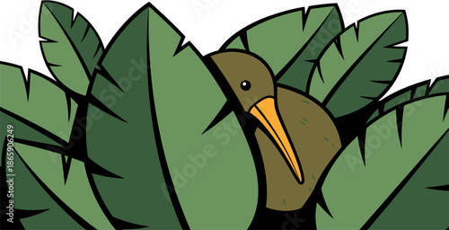 Charming Cartoon Depiction of a Shy Kiwi Bird Hiding in Lush Green Foliage, Symbolizing Secrecy and Wildlife in its Natural Habitat for Nature Themes