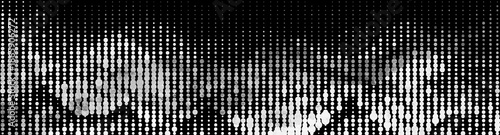 Abstract halftone dot wave forming a digital sound equalizer pattern on black background. Vintage grunge concept vector design