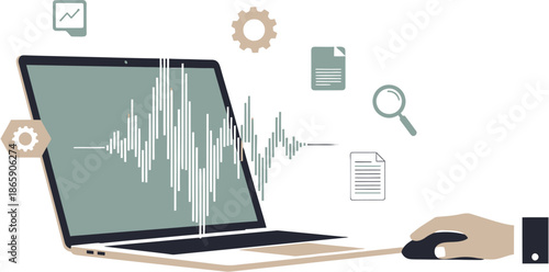 Digital Audio Workstation Concept Laptop Displaying Sound Waves with Hand Operating Mouse, Surrounded by Icons for Sound Engineering, Data Analysis, and Project Management