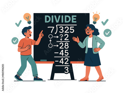 Interactive Division Lesson. Classroom long division on board. A teacher and student stand by a large chalkboard where a long division problem is broken down