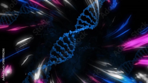 DNA strand and colorful light streaks creating dynamic scientific animation