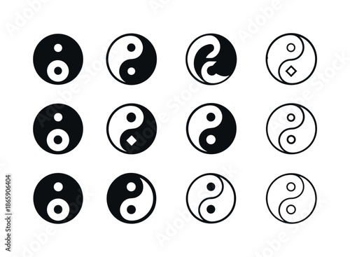 Yin-Yang Logo Variations. Reality. Icon set. Set Logo of Reality: yin-yang balance. harmonious logo variations of the same emblematic concept, each with