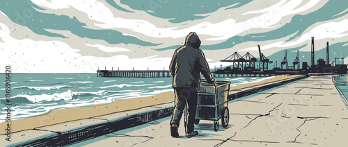 Solitary figure in a hooded jacket pushes a cart along a seaside promenade with an industrial port visible on the horizon in a graphic illustration style