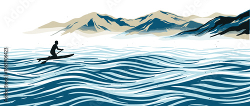 Lone person paddling an outrigger canoe in silhouette form across a vast expanse of water with layered mountains on the horizon in a minimalist graphic style