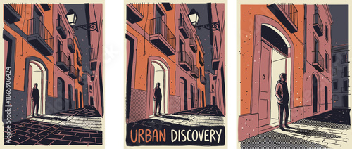 Triptych comic book style illustration of a mysterious figure in a doorway on a dark European alley, featuring dramatic lighting, long shadows, and a vintage, atmospheric aesthetic