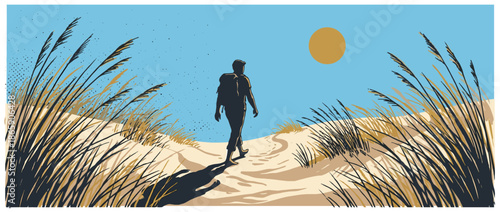Silhouetted traveler with a backpack hikes on a winding sand dune trail surrounded by beach grass under a clear blue sky with a bright sun, depicted in a retro vector art style