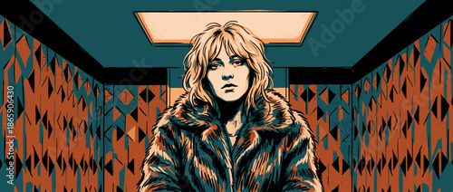 Graphic illustration of a serious woman with shaggy blonde hair in a fur coat, standing in a hallway with geometric patterns in a moody, cinematic comic book art style