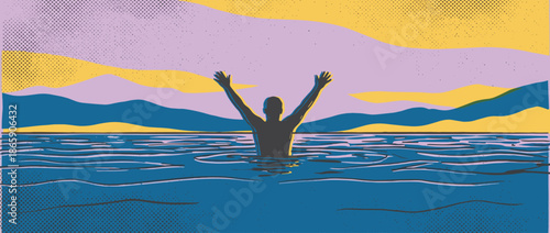 Person's dark silhouette with raised arms emerges from blue water, a retro graphic illustration with a halftone texture depicting freedom and joy against a stylized landscape