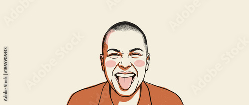 Joyful person with a buzz cut sticks out their tongue in a playful expression, illustrated in a minimalist retro style with bold lines and a warm, muted color palette