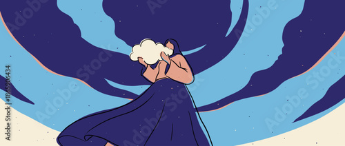Stylized illustrated woman in a flowing blue dress gently holds a small white fluffy cloud, creating a surreal and dreamy concept of imagination and creativity