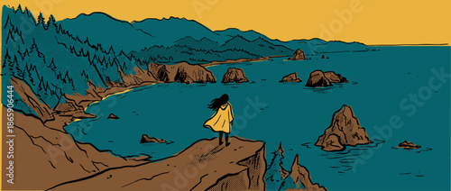 Lone woman in a yellow raincoat stands on a cliff edge overlooking a dramatic ocean coastline with sea stacks and mountains in a graphic comic book illustration style