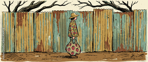 Person in a hat and patterned jacket carrying a strawberry grocery bag walks alongside a rusty corrugated metal fence in a hand-drawn, graphic novel illustration style
