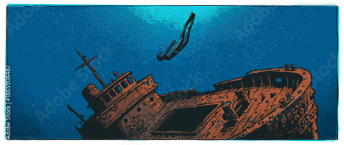 Rusty sunken shipwreck illustration on the ocean floor being explored by a lone freediver in a deep blue sea, depicted in a dramatic graphic novel art style