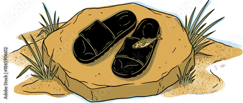 Pair of black slide sandals with a small fish resting on top, left on a large rock near the sand in a quirky and surreal graphic comic book style illustration