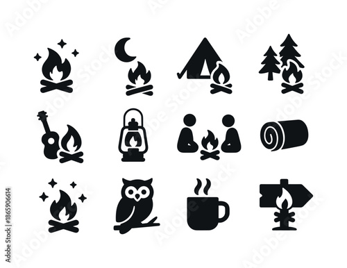 Nighttime Campfire Icons. Campfire at night. Solid icon set of Campfire at night: campfire under stars, moon over campfire, tent near campfire, pine trees