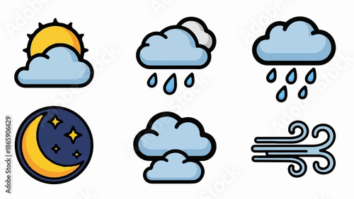 Stylized weather icons depict sun behind cloud, rain, moon and stars, and wind