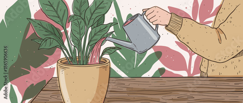 Hand-drawn illustration of a person watering a lush potted houseplant with a grey watering can in a cozy, warm scene depicting a gardening hobby on a wooden table