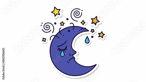 Sad crescent moon crying tears among stars and swirls