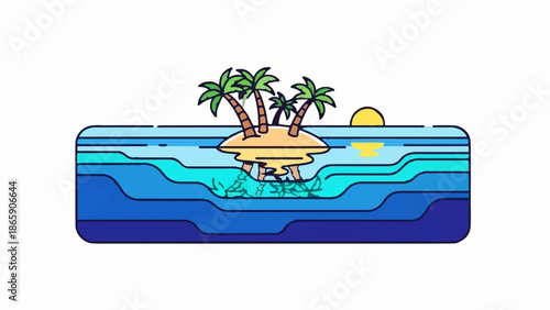 Serene tropical island with palm trees and calm ocean at sunset