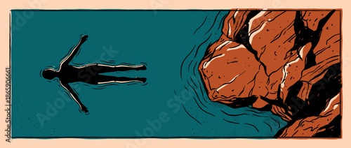 Silhouetted person floating on their back in calm turquoise water near a rocky cliff, a serene top-down graphic illustration evoking a sense of peaceful solitude and relaxation