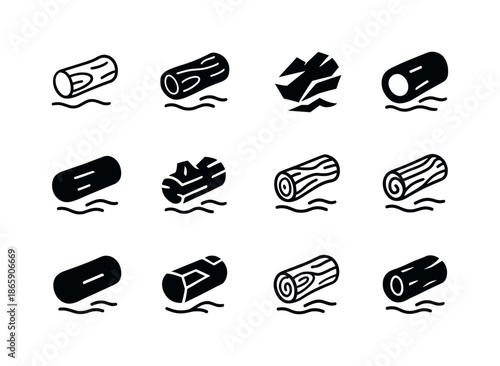 Driftwood Icon Set. Driftwood. Icon set. Set Logo of driftwood: floating log form. harmonious logo variations of the same emblematic concept, each with