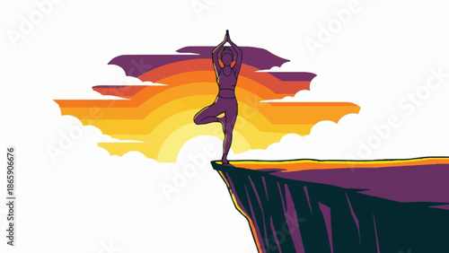 Silhouette of a person in yoga tree pose on a cliff at sunset