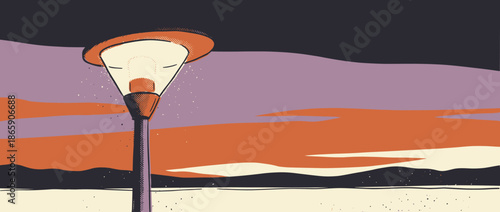Glowing orange street lamp illustration with halftone dot shading stands in a quiet, minimalist landscape during a beautiful twilight with a purple and orange sky