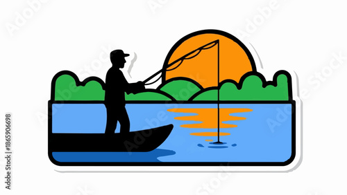 Silhouette of person fishing from boat at sunset with green hills