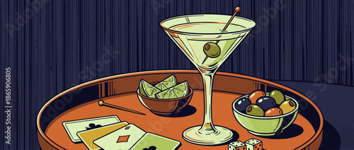 Classic martini cocktail with a green olive on a serving tray with playing cards, dice, and snacks in a stylish, retro comic book art illustration