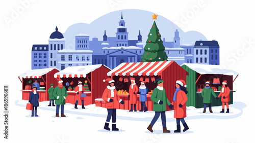 Snowy winter market with stalls, people, and festive decorations, against a city skyline