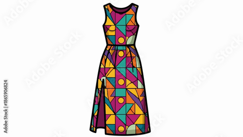 Sleeveless midi dress with a vibrant geometric mosaic pattern and side slit